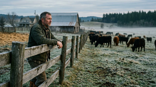 Farmer reviewing a beef share agreement on a clipboard at a pasture fence