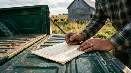 Farmer signing a beef share agreement on a truck tailgate