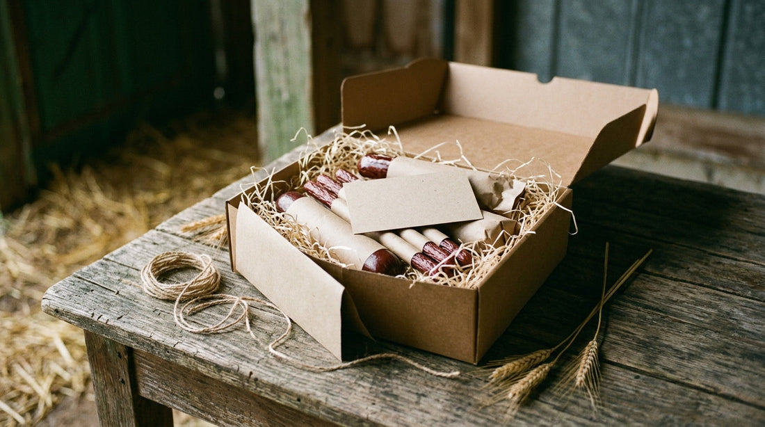 Opened farm-direct corporate gift box of beef sticks, summer sausage and jerky on a wooden table
