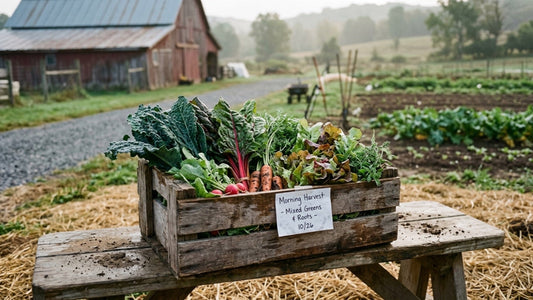 CSA farm box of fresh vegetables packed for member collection