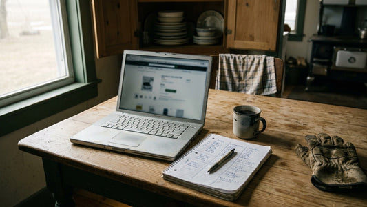 Farmer comparing online store platforms at a kitchen table