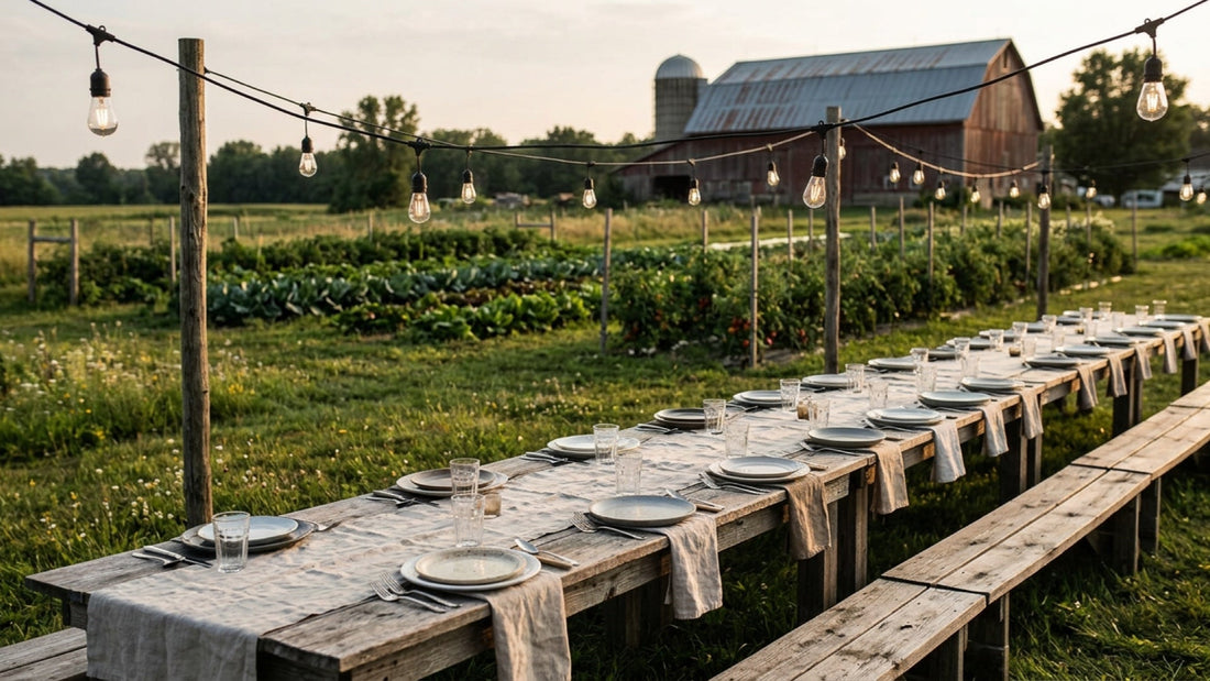 Long table set for a farm to table dinner in a field at golden hour
