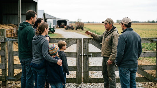 Farmer giving a safety briefing to farm tour visitors at the gate