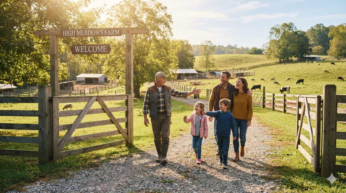 Happy visitors arriving through the farm gate for a guided tour