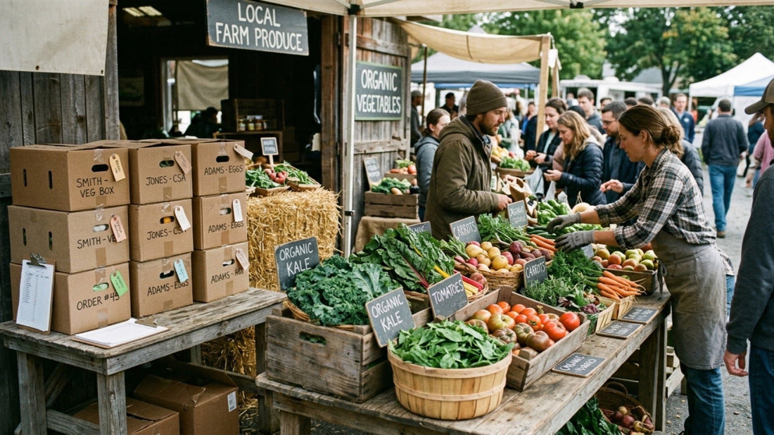 Farmers market stall running pre-orders alongside walk up trade