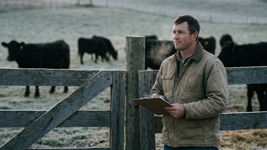 Rancher with a clipboard beside pasture cattle, planning beef share pricing