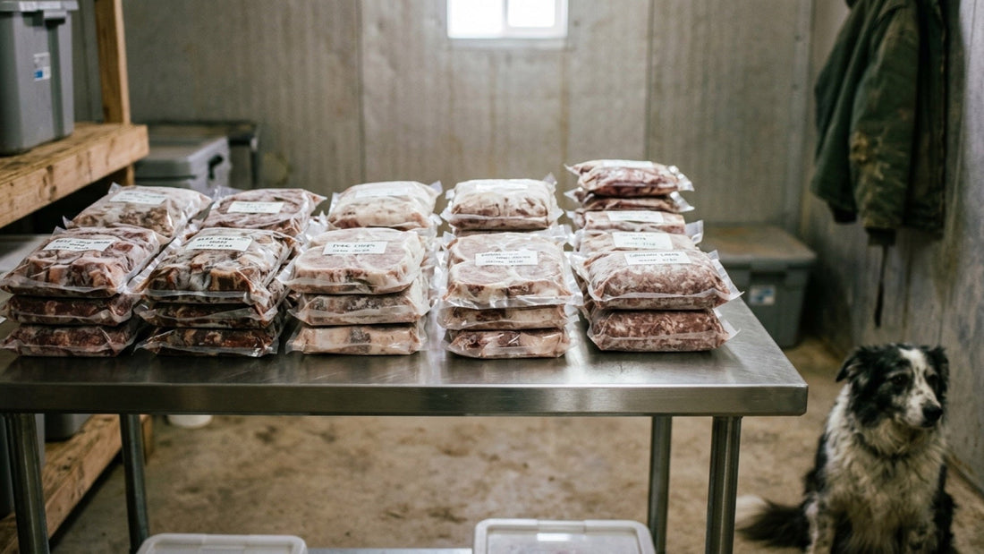 Packaged raw pet food produced on a farm, stacked in a cold room